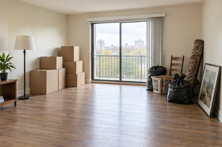 Apartment living room with moving boxes and unwanted household items grouped for removal
