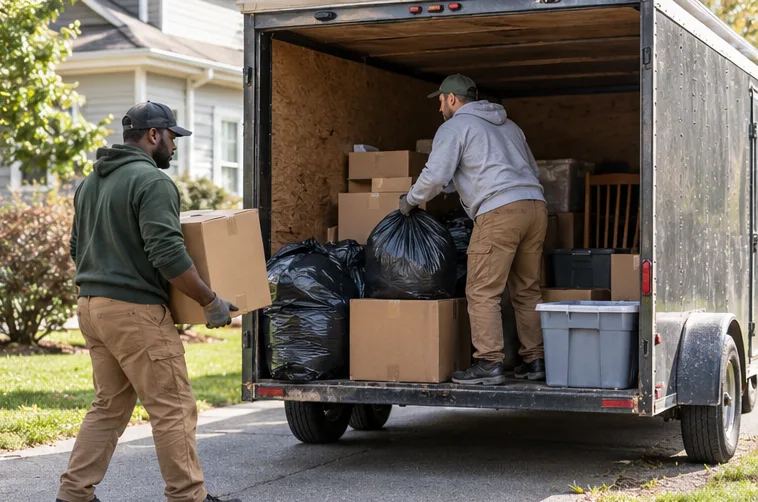 Workers loading boxes and bagged move leftovers into an unbranded trailer